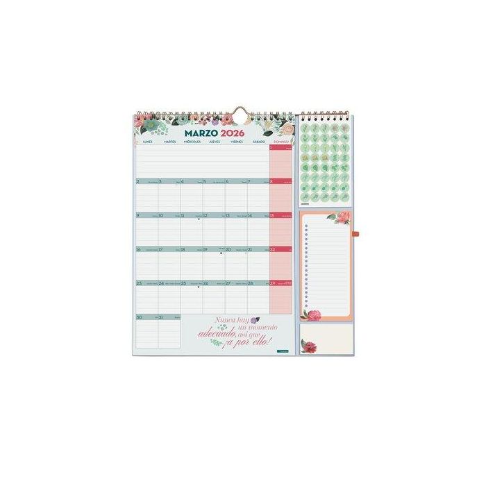 Finocam Calendario De Pared Plus 16 Meses 215x325 mm con Frases Motivadoras, Septiembre 2025 - Diciembre 2026, Incluye Pegatinas y Notas Engomadas