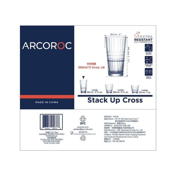 Caja 6 Vasos Altos Vidrio Stack'Up Cross Arcoroc 35 cL 6