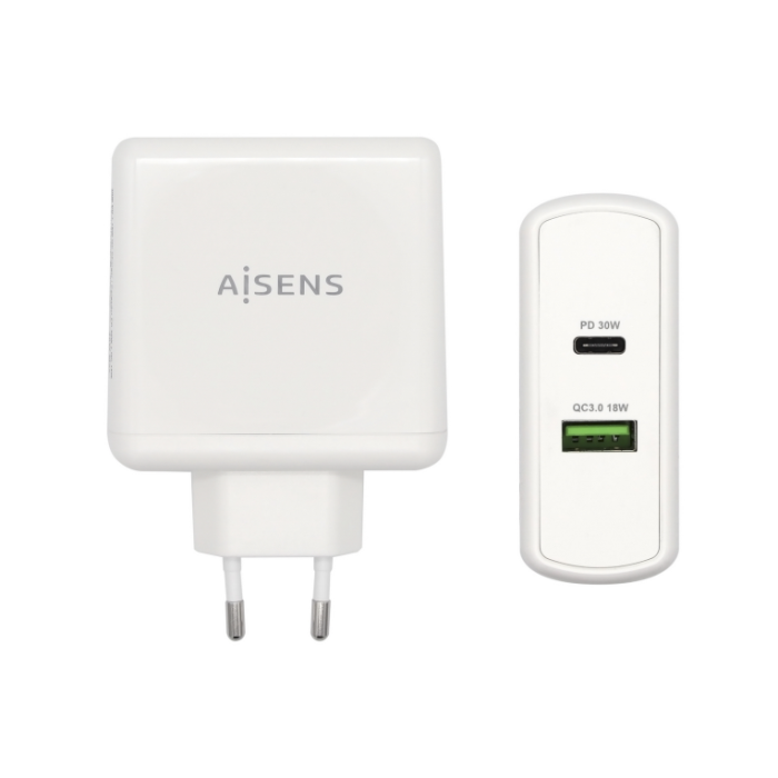 Aisens Cargador USB-C 48W con Puertos USB-C PD3.0 30W y USB-A QC3.0 18W, Blanco