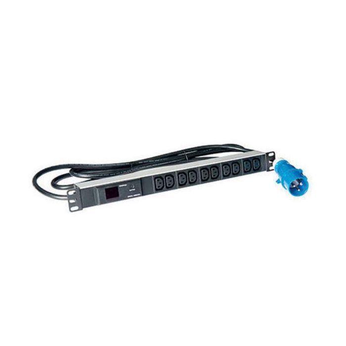 Lanview Regleta PDU Rack 19'' 1U, 10 tomas C13, 16A con Medidor AMP y Cable 3m, Enchufe Commando IEC 60309 2