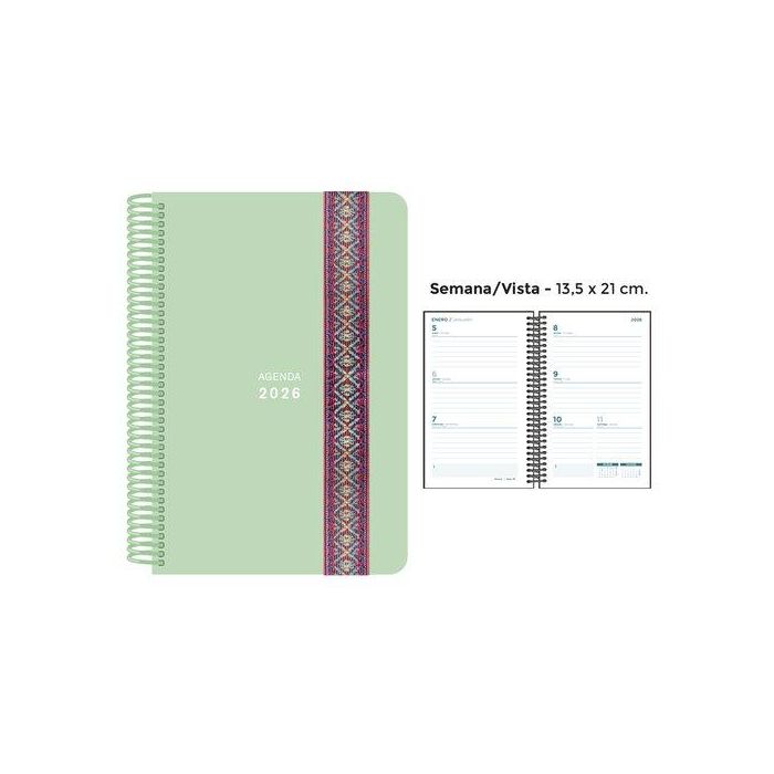 Agenda Anual (2026) Senfort Pastel Espiral Tapa Pp Con Goma Decorada 135X210 S/V Verde