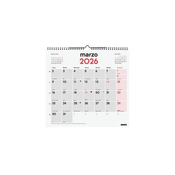 Finocam L-340x320 mm Mv Neutro Calendario de Pared 2026 para Escribir, con Espiral y Colgador, Ideal para Planificación