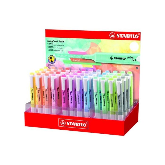 Stabilo Rotulador Fluorescente Fino Swing Cool Pastel, Expositor 48 Unidades Colores Surtidos, Tecnología Anti-secado, Trazo 1+4mm