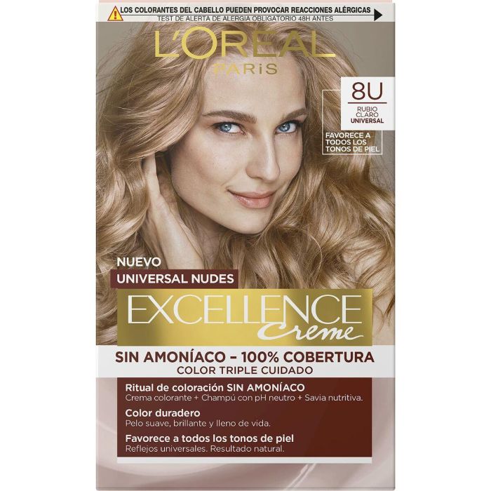 L'Oréal Paris #8u Excellence Nudes Tinte de Pelo 8 Rubio Claro Universal Sin Amoniaco Cobertura Total Canas 5 Unidades 2