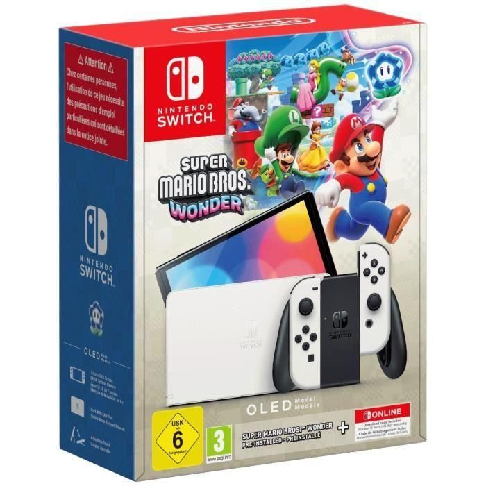 Consola Nintendo Switch - Modelo OLED  Blanca + Super Mario Bros. Wonder (Preinstalado) + 12 meses de suscripción NSO (Código)