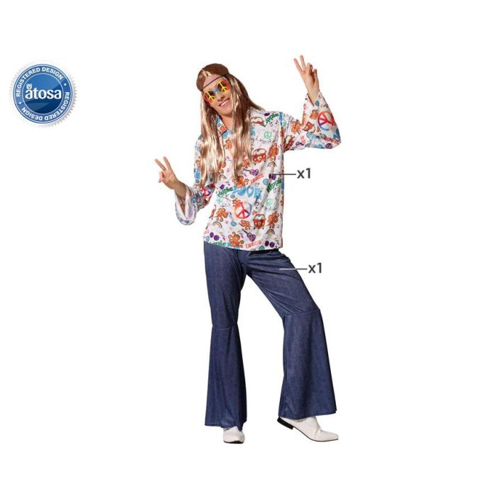 Disfraz Hippie Hombre Adulto Multicolor Años 60 Flower Power Camiseta y Pantalón Campana Aspecto Vaquero Talla M-L Disfraz Hippie Hombre Adulto Multicolor Años 60 Flower Power Camiseta y Pantalón Campana Aspecto Vaquero Talla M-L