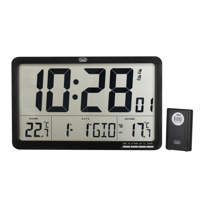 Trevi OM 3560 RC Termómetro Digital LCD para Interior/Exterior con Reloj y Alarma Negro