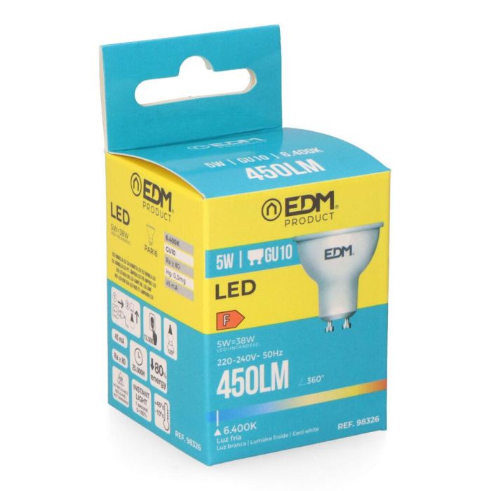 Edm Bombilla dicroica LED GU10 5W 450lm 6400K luz fría 120° Ø5x5.5cm 1 Edm Bombilla dicroica LED GU10 5W 450lm 6400K luz fría 120° Ø5x5.5cm 1