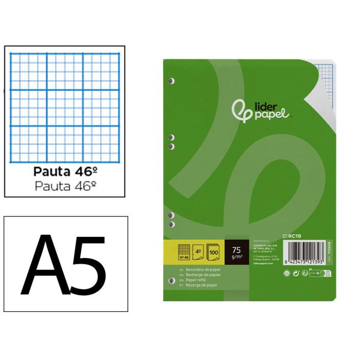 Recambio Liderpapel Din A5 100 Hojas 75 gr Rayado N 46 6 Taladros