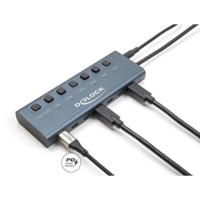 DELOCK USB 5 Gbps Hub mit 7 USB Type-C Ports mit Schalter davon 6 x Datenport + 1 x Daten / und PD 20 Watt 2