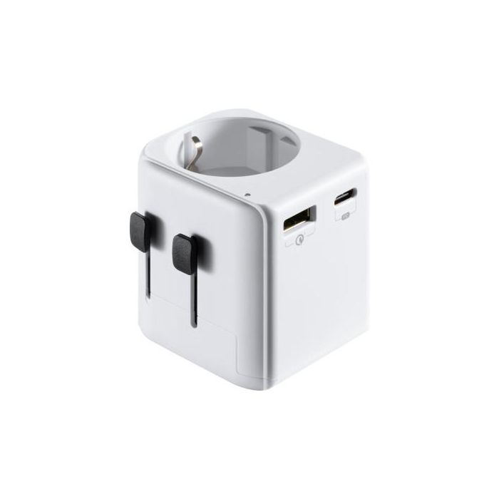 Ewent EW1472 Adaptador de Viaje Universal Blanco | 1 Puerto USB-A y 1 USB-C | Alta Potencia | Compatible con más de 150 Países