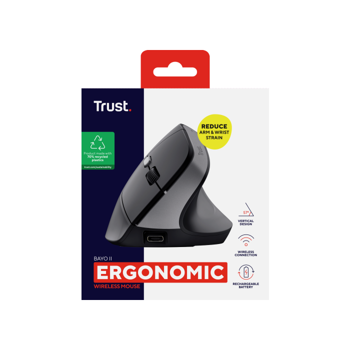 Trust 25145 Ratón Vertical Inalámbrico Ergonómico Bayo II Recargable 2400 DPI con 6 Botones - 60% Plástico Reciclado 8