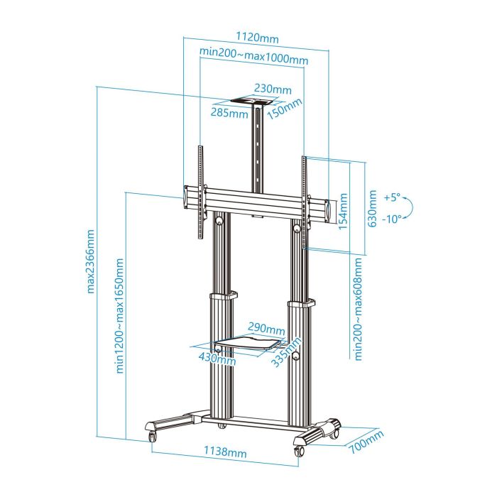 TooQ FS20300M-B Soporte de Suelo con Ruedas para TV 60-100" Inclinable Ajustable 1200-1650mm hasta 100kg VESA 1000x600 Plata 4 TooQ FS20300M-B Soporte de Suelo con Ruedas para TV 60-100" Inclinable Ajustable 1200-1650mm hasta 100kg VESA 1000x600 Plata 4