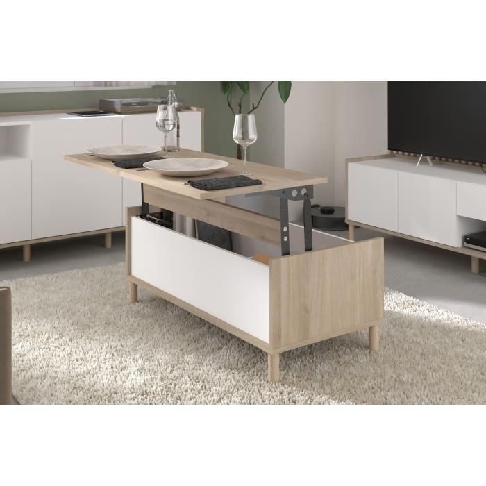 Mesa de centro elevable MORPHOS - L 100 x P 50 x H 43,6 cm - Rectangular - Decoración blanco/roble - PARISOT 2 Mesa de centro elevable MORPHOS - L 100 x P 50 x H 43,6 cm - Rectangular - Decoración blanco/roble - PARISOT 2