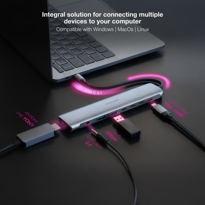 Nanocable Hub USB-C 8 En 1 con 1xUSB-C 3.1, 2xUSB-A 3.0, 3xUSB-C 3.0, 1xHDMI 4K 60Hz, 1xJack Audio, Gris Metálico 3