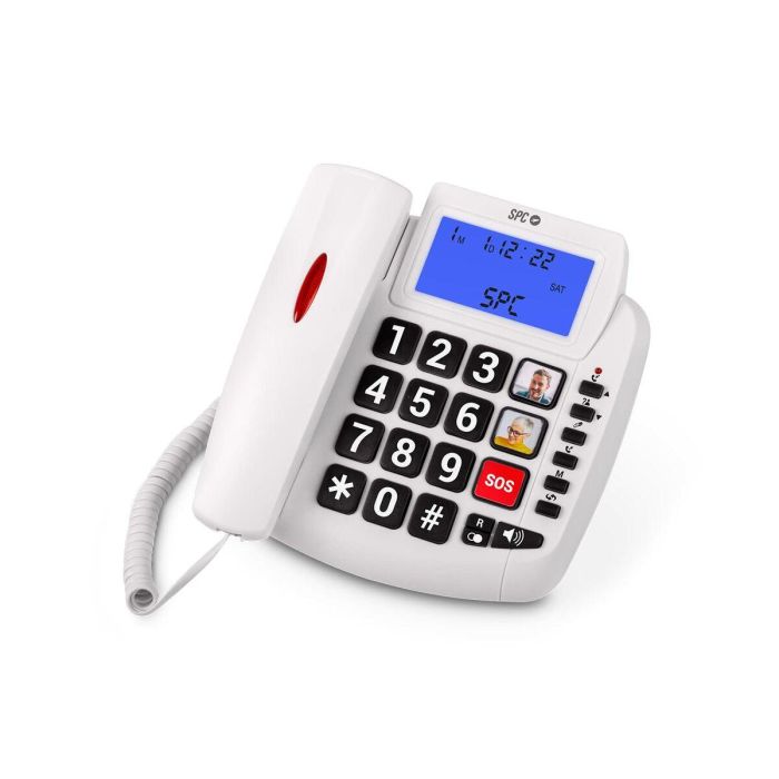 SPC Comfort Volume 2 3296B Teléfono Fijo Blanco | Pantalla Iluminada, Manos Libres, Compatible Audífonos, +10dB Sonido, 3 Memorias con Foto