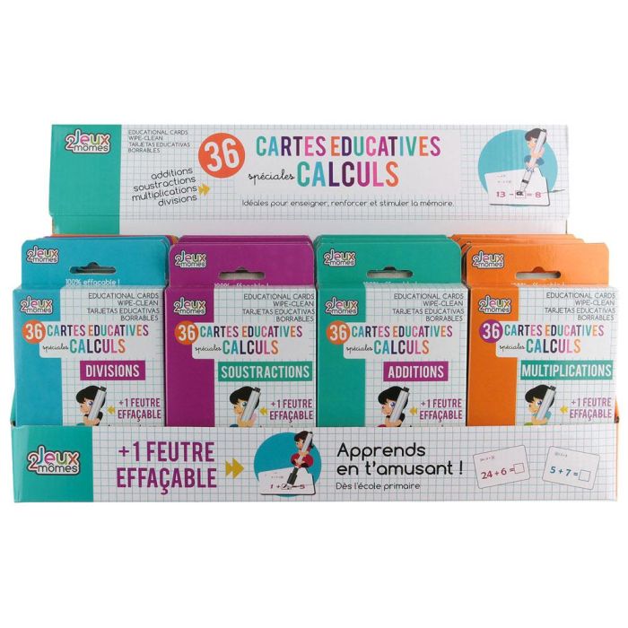 Jeux 2 momes Juego de 36 Cartas de Cálculo, Sumas, Restas, Multiplicaciones y Divisiones, Doble Cara, Plastificadas, Borrables con Rotulador 3 Jeux 2 momes Juego de 36 Cartas de Cálculo, Sumas, Restas, Multiplicaciones y Divisiones, Doble Cara, Plastificadas, Borrables con Rotulador 3