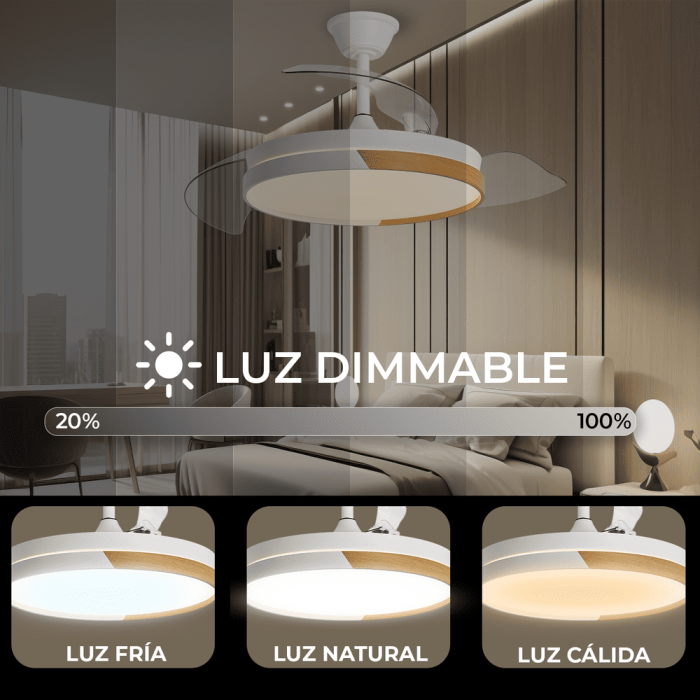 Yoevu Ventilador de Techo Nature White con Luz LED Regulable, Mando a Distancia, Aspas Retráctiles y Función Verano/Invierno 3