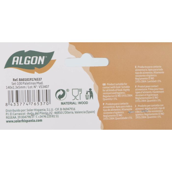 Set de 100 paletinas de madera Algon 140x1.3x5 mm (24 Cajas) 8 Set de 100 paletinas de madera Algon 140x1.3x5 mm (24 Cajas) 8