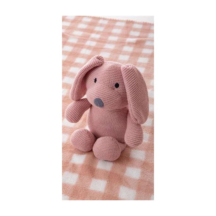 Creaciones Llopis Set de Caja, Manta y Peluche - Manta de Cuadros 90x75 cm Rosa Palo con Perro de Peluche de 26 cm