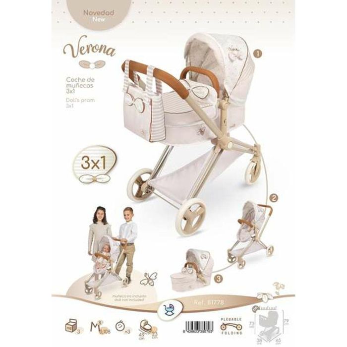 Decuevas Coche de Muñeca Plegable 3 en 1 Verona para Muñecas hasta 50 cm, 79x65x38 cm, Recomendado +3 años 2