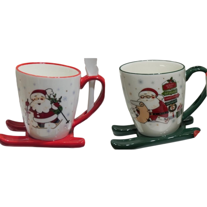 DKD Home Decor Mug Navidad Tradicional Porcelana 220ml Rojo Verde Blanco con Trineo - Apto Microondas y Lavavajillas (Pack 6)