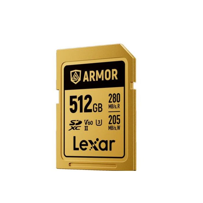Lexar Tarjeta SDXC Profesional Armor Gold 512GB UHS-II U3 V60 C10, Hasta 280MB/s Lectura, 210MB/s Escritura, IP68, Acero Inoxidable LSDAMGL512G-RNNNG