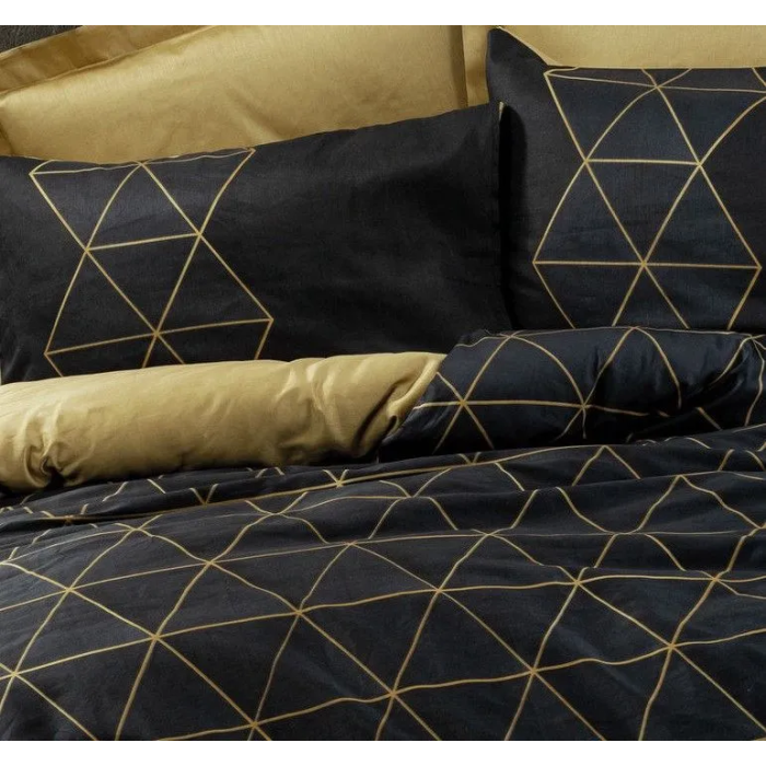Aucune Juego de Cama AUC8683743798711 - Funda Nórdica 140 x 200 cm + Funda de Almohada 60 x 60 cm - 100% Algodón Reforzado - Estampado Gráfico Negro/Dorado