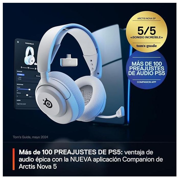 SteelSeries Arctis Nova 5P Wireless - Auriculares Gaming, Controladores magnéticos de neodimio, 100+ preajustes de Audio, Batería de 60 Horas, PS5/PS4/PC/móvil - Blanco (61674) 2
