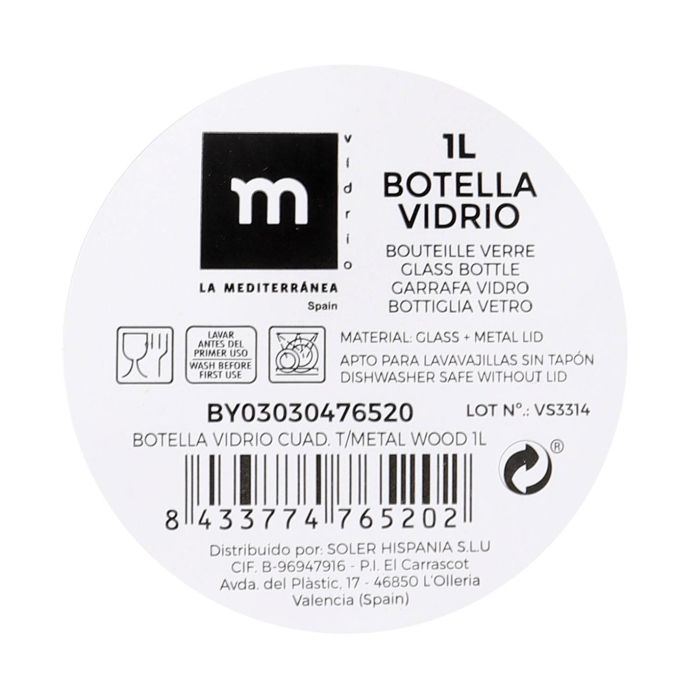 Botella de vidrio cuadrada con tapa de metal y madera 1L - La Mediterranea (24 Unidades) 2