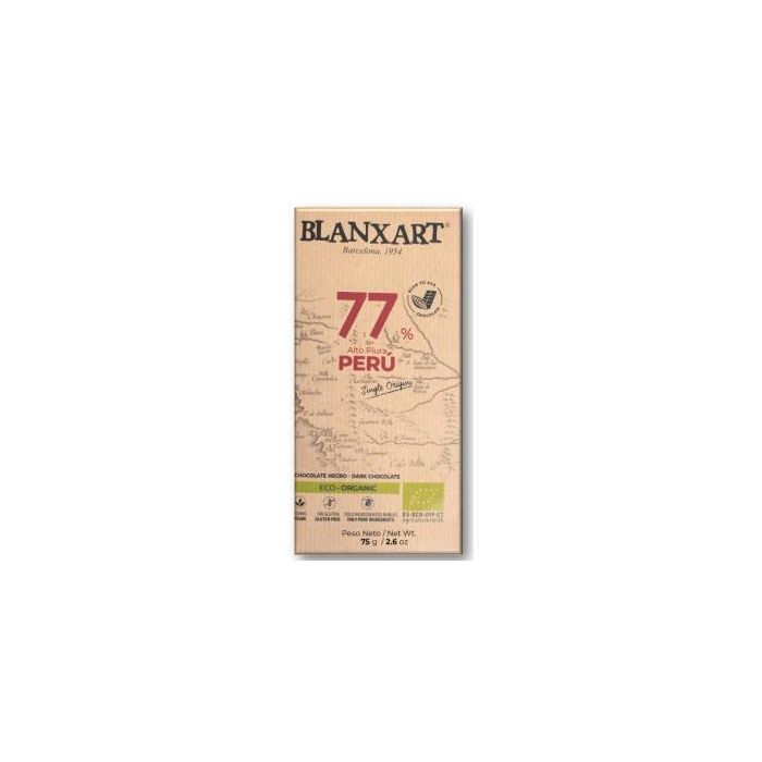BLANXART Chocolate Negro 77% Cacao Perú Ecológico 75g Vegano Sin Gluten