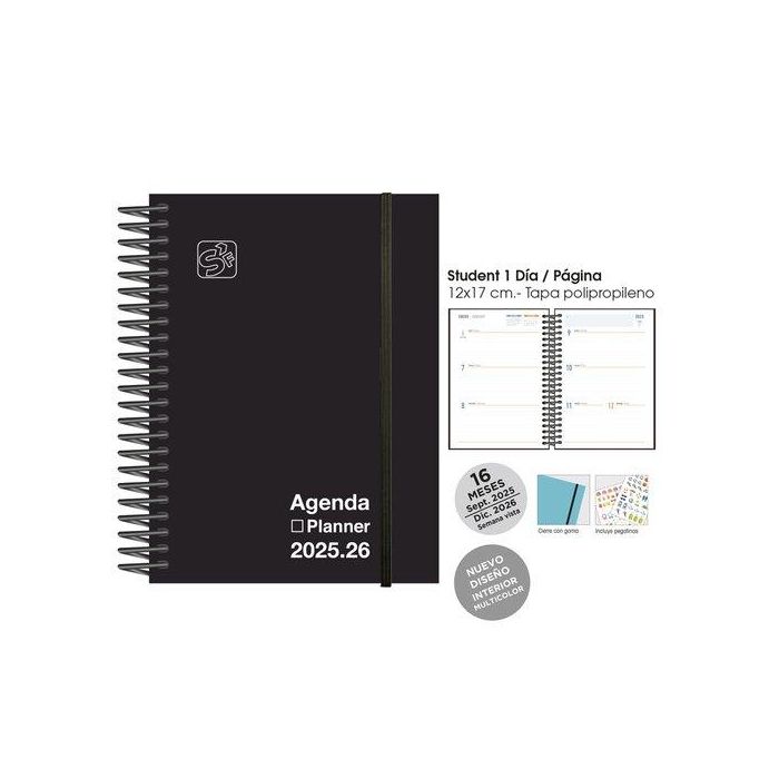 Agenda Anual (2025-26) Senfort 16 Meses Iki Unicolor Espiral Tapa Pp Con Goma 155X215 S/V Negro