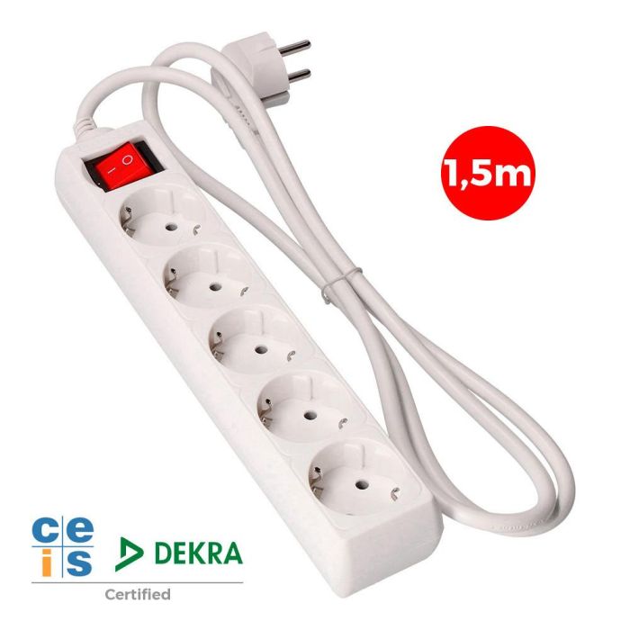 S.of. prolongador con 5 tomas 2p+t, 16a 250v~ con interruptor luminoso, 1,5 m de cable h05vv-f 3g1,5mm² blanco