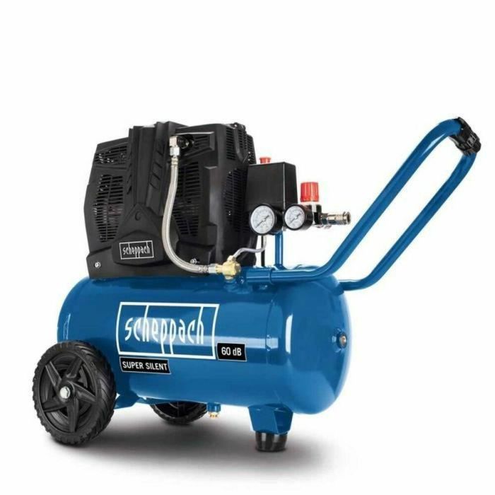 Scheppach HC25Si Compresor de Aire Silencioso 60 dB, Horizontal, 2 Cilindros, 24 L, 1.5 HP (1100W), 8 bar, 230 L/min para Hogar y Garaje