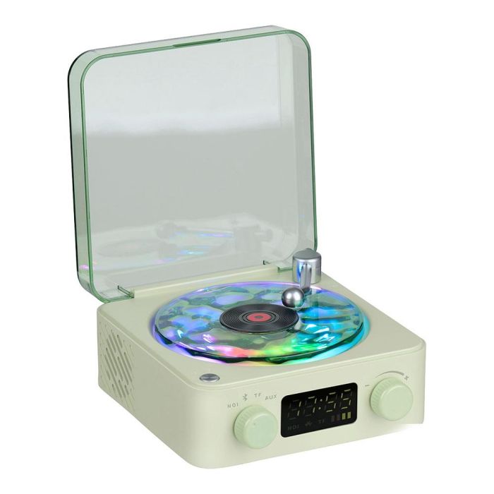 Altavoz bluetooth en forma de tocadiscos, con reloj, ruido blanco y luz rgb, colores surtidos 1 Altavoz bluetooth en forma de tocadiscos, con reloj, ruido blanco y luz rgb, colores surtidos 1