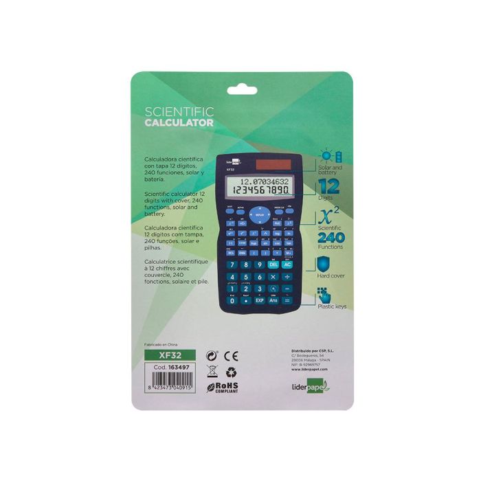 Calculadora Liderpapel Cientifica Xf32 12 Digitos 240 Funciones Con Tapa Solar Y Pilas Color Azul 156x85x20 7