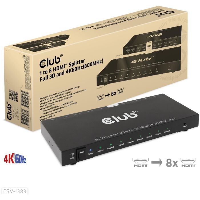 Club3D Splitter HDMI 1 Entrada a 8 Salidas 4K 60Hz UHD 8 Club3D Splitter HDMI 1 Entrada a 8 Salidas 4K 60Hz UHD 8