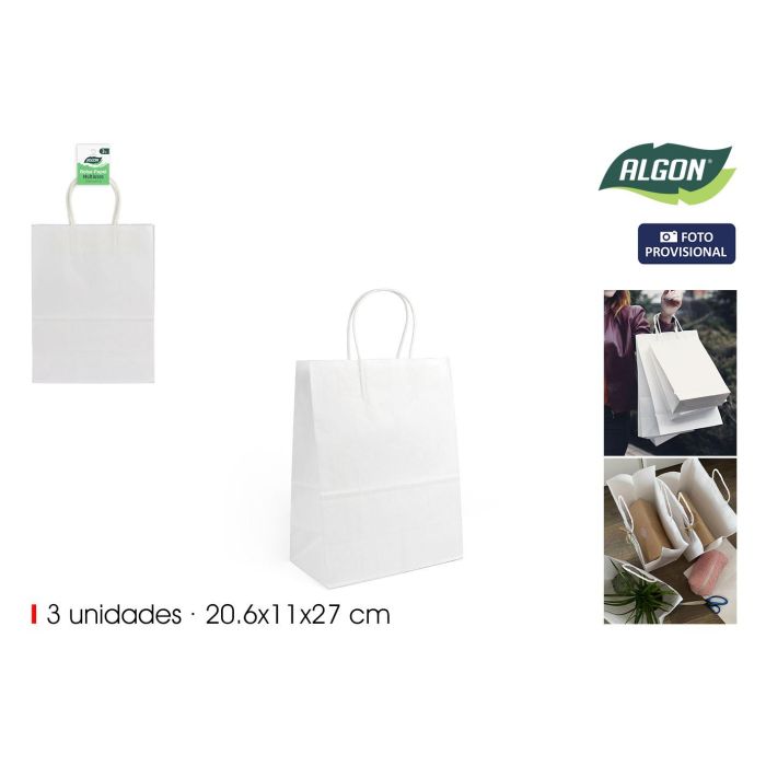 Set de 3 bolsas de papel blanco 20.6 x 11 x 27 cm Algon (24 Unidades) Set de 3 bolsas de papel blanco 20.6 x 11 x 27 cm Algon (24 Unidades)