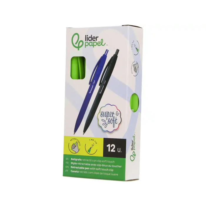 Liderpapel Bolígrafo Retráctil Punta 1 mm con Clip, Acabado Soft Touch, Tinta Azul, Cuerpo Verde - Instrumento de Escritura