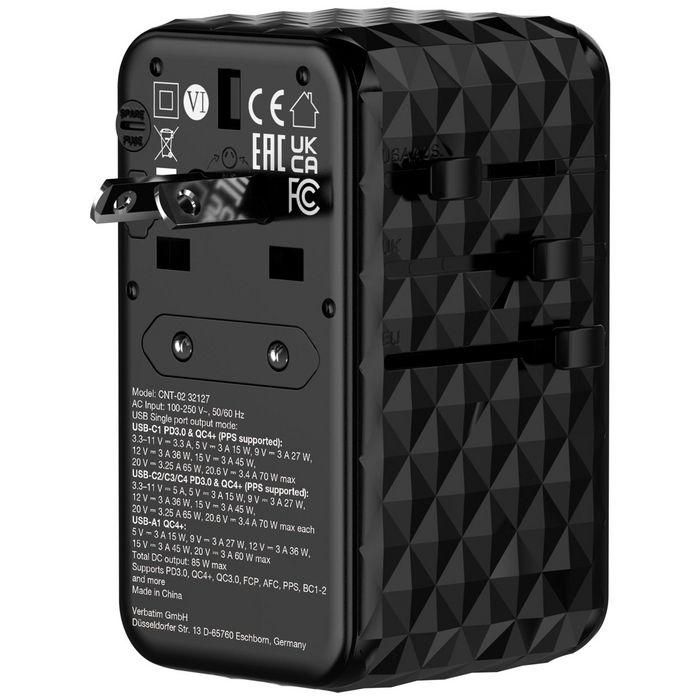 Verbatim Charge 'n' Travel Diamond 85W Retractable Cable CNT-02 Adaptador de Viaje Universal GaN III 4