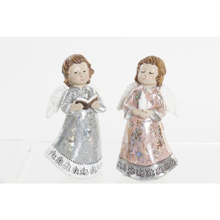 DKD Home Decor Figura Navidad Ángel Fantasía de Resina Rosa Plateado 5x13x7 cm Pack de 2 Unidades
