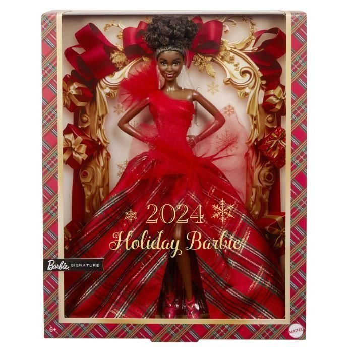 Barbie HRM62 Muñeca Colección Feliz Navidad Cabello Castaño, Vestido Rojo de Satén con Falda Cuadros y Lazo Grande 5 Barbie HRM62 Muñeca Colección Feliz Navidad Cabello Castaño, Vestido Rojo de Satén con Falda Cuadros y Lazo Grande 5