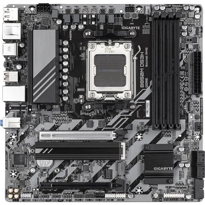 Gigabyte Placa Base B850M DS3H, 9MB85MS3H-00-G10, Chipset AMD B850, Socket AM5, DDR5 hasta 8200MHz, PCIe 5.0 M.2, LAN 2.5, USB 3.2 Gen 2 1