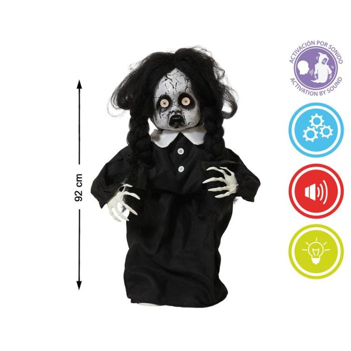 Figura Niña Fantasma Con Vestido Negro Y Trenzas 92 cm Luz-Sonido-Movimiento Decoración Halloween