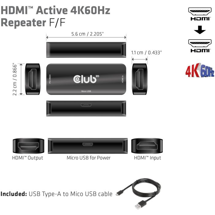 Club3D Repetidor HDMI a HDMI 4K 60Hz Activo Bu/Bu 3 Club3D Repetidor HDMI a HDMI 4K 60Hz Activo Bu/Bu 3