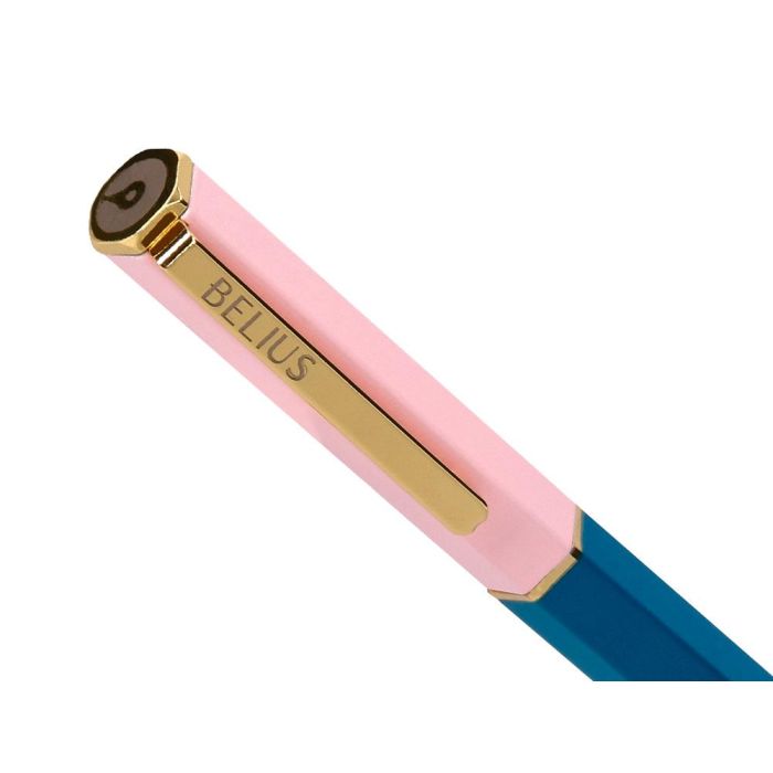 Boligrafo Belius Macaron Bliss Forma Hexagonal Color Rosa- Azul Y Dorado Tinta Azul Caja De Diseño 9