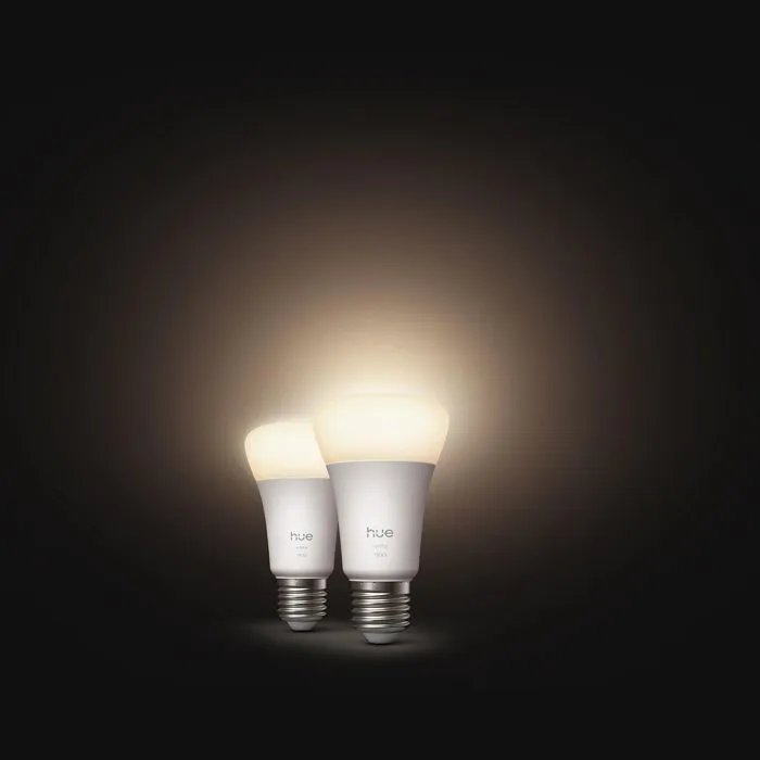 Philips Hue Pack de 2 Bombillas LED A60 Conectadas AABUO37070, Luz Blanca Cálida 2700K, 9.5W (Equivalente 75W), 1100 Lúmenes, Casquillo E27