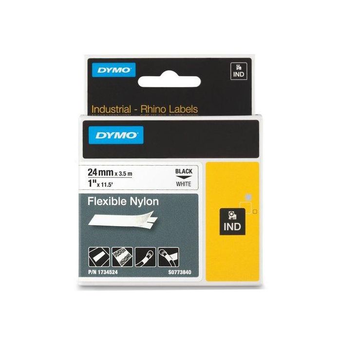 Dymo Rhino Cinta de Etiquetas Industrial Adhesiva, Negro sobre Blanco, 24 mm x 3.5M, Nylon Flexible, S0773840