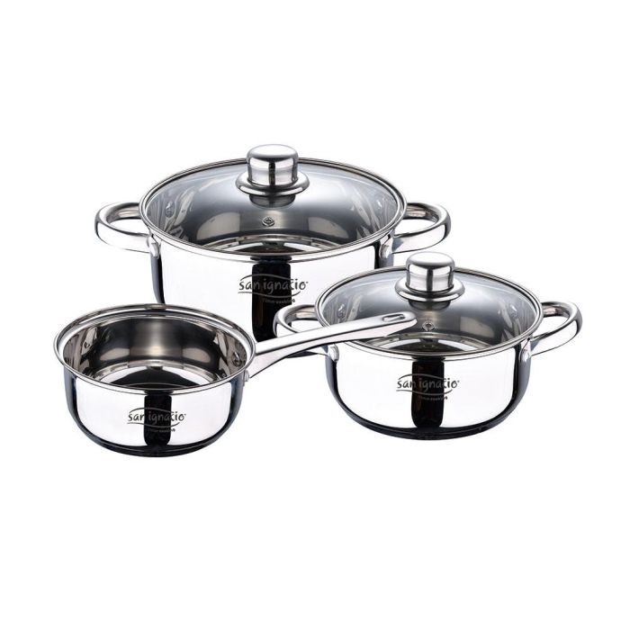 San Ignacio Batería de cocina Cassel SG-8171, 5 piezas acero inoxidable: cazo Ø16 cm, cacerola con tapa Ø18 cm, cacerola con tapa Ø20 cm San Ignacio Batería de cocina Cassel SG-8171, 5 piezas acero inoxidable: cazo Ø16 cm, cacerola con tapa Ø18 cm, cacerola con tapa Ø20 cm