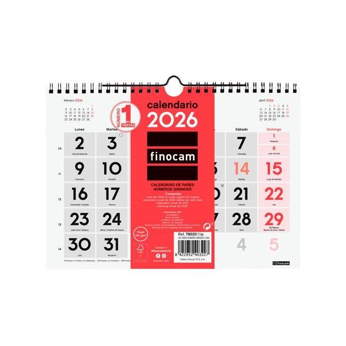 Finocam S-210x150 mm Mv Neutro Calendario de Pared 2026 Números Grandes, Espiral, Festivos Internacionales, 210x150mm